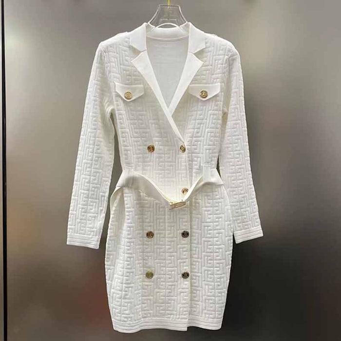 Women's long sleeve knitted minidress V-neck elegant dress with belt