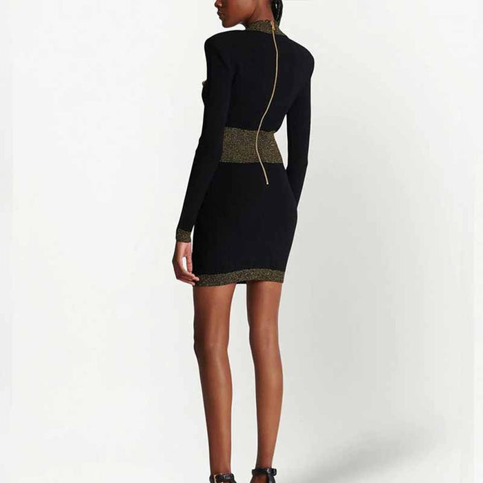 Women's long sleeve knitted minidress V-neck elegant dress with buttons