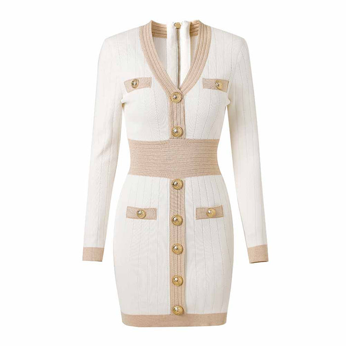 Women's long sleeve knitted minidress V-neck elegant dress with buttons