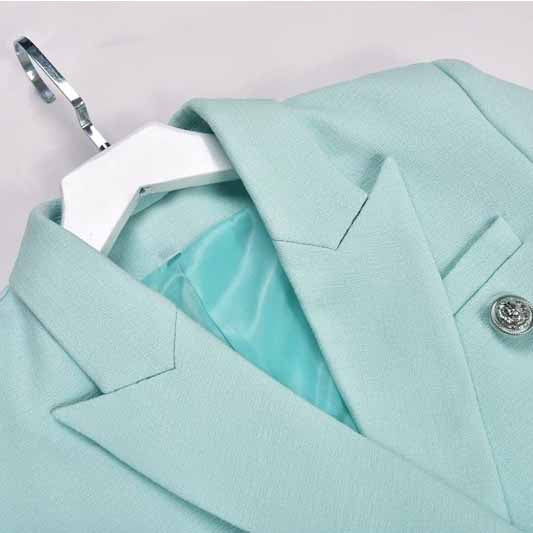Women's Luxury Fitted Mint Green Blazer Golden Lion Buttons Coat Jacket