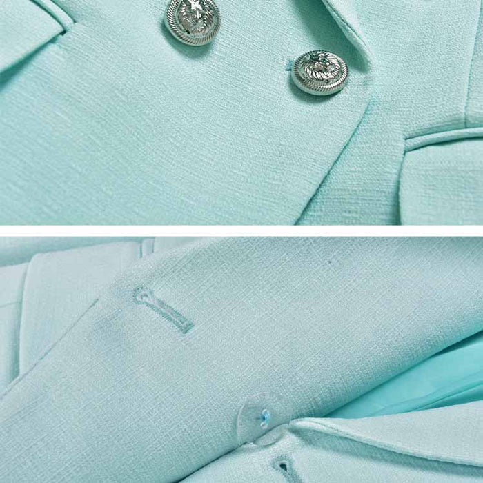 Women's Luxury Fitted Mint Green Blazer Golden Lion Buttons Coat Jacket