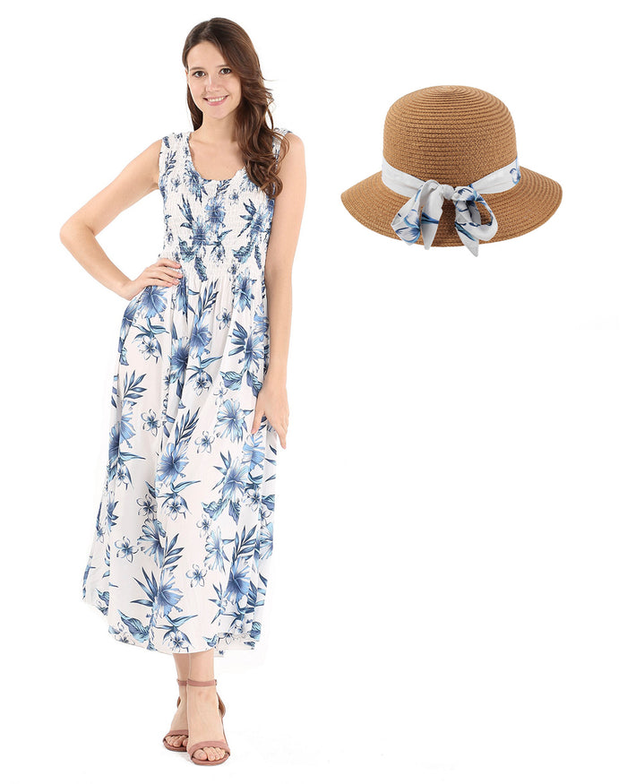 Women's Maxi Elastic Tank Dress with Matching Hat in Day Dream Bloom