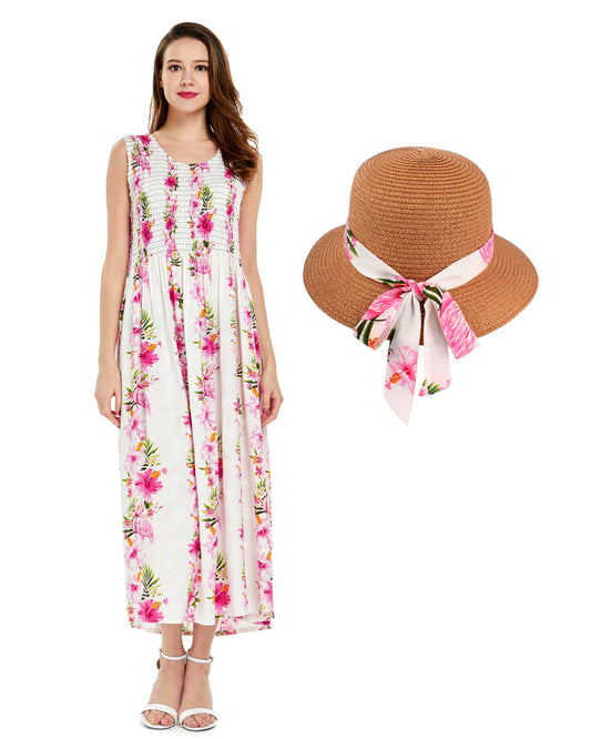 Women's Maxi Elastic Tank Dress with Matching Hat in Pink Hibiscus Vine