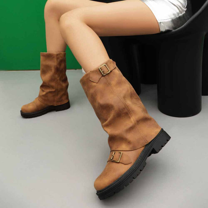 Brown women's mid-calf low heel boots with buckle detail and sturdy sole for casual wear