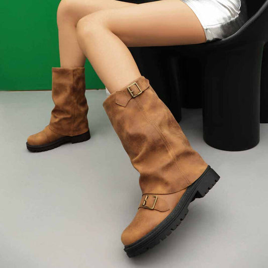 Brown women's mid-calf low heel boots with buckle detail and sturdy sole for casual wear