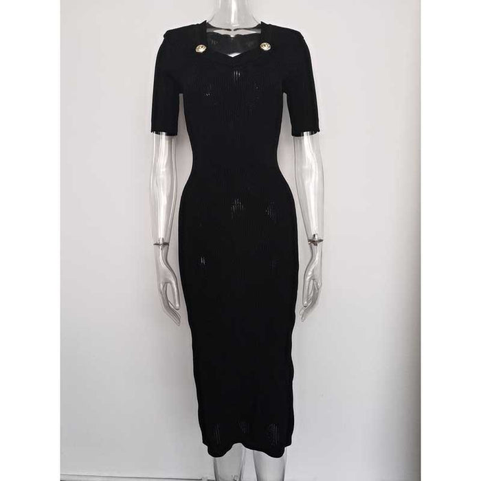Women's Midi Black Dress Little Black Knitted Dress Boby-con Dress