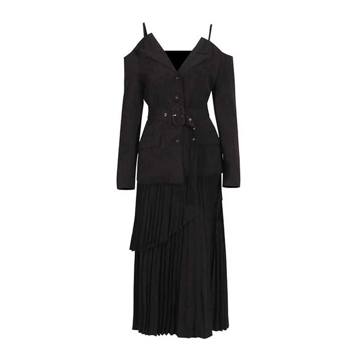 Women's Midi Skirt Suit Off Shoulder Long Sleeve Pleated Skirt Set With Belt