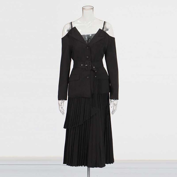 Women's Midi Skirt Suit Off Shoulder Long Sleeve Pleated Skirt Set With Belt