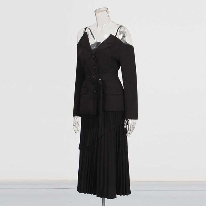 Women's Midi Skirt Suit Off Shoulder Long Sleeve Pleated Skirt Set With Belt