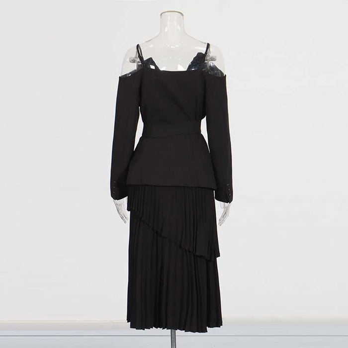 Women's Midi Skirt Suit Off Shoulder Long Sleeve Pleated Skirt Set With Belt