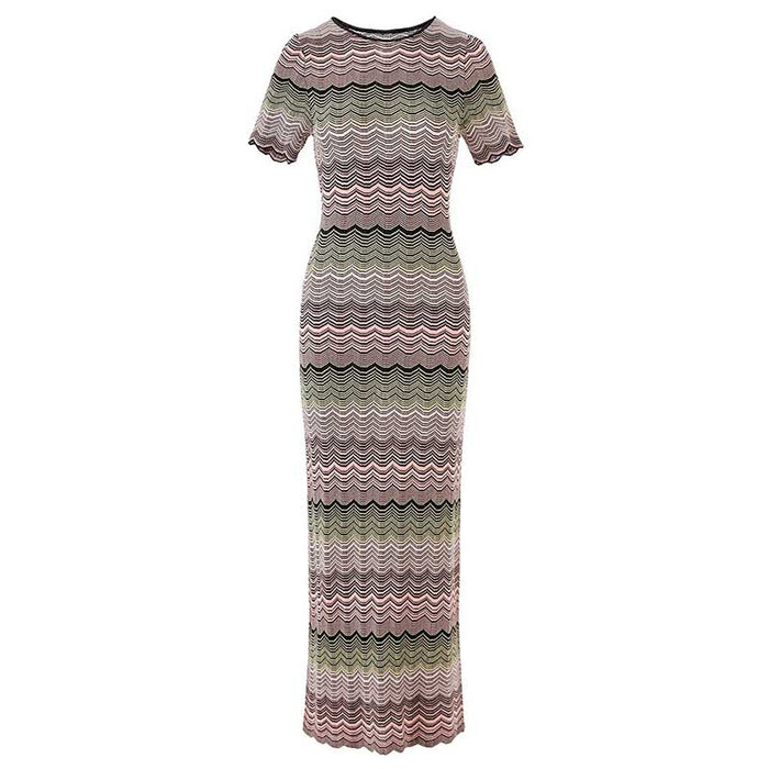 Women's Midi Stripe Dress Round-Neck Short Sleeves Knitted Body-con Dress