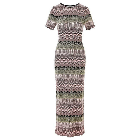 Women's Midi Stripe Dress Round-Neck Short Sleeves Knitted Body-con Dress