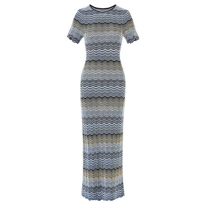 Women's Midi Stripe Dress Round-Neck Short Sleeves Knitted Body-con Dress