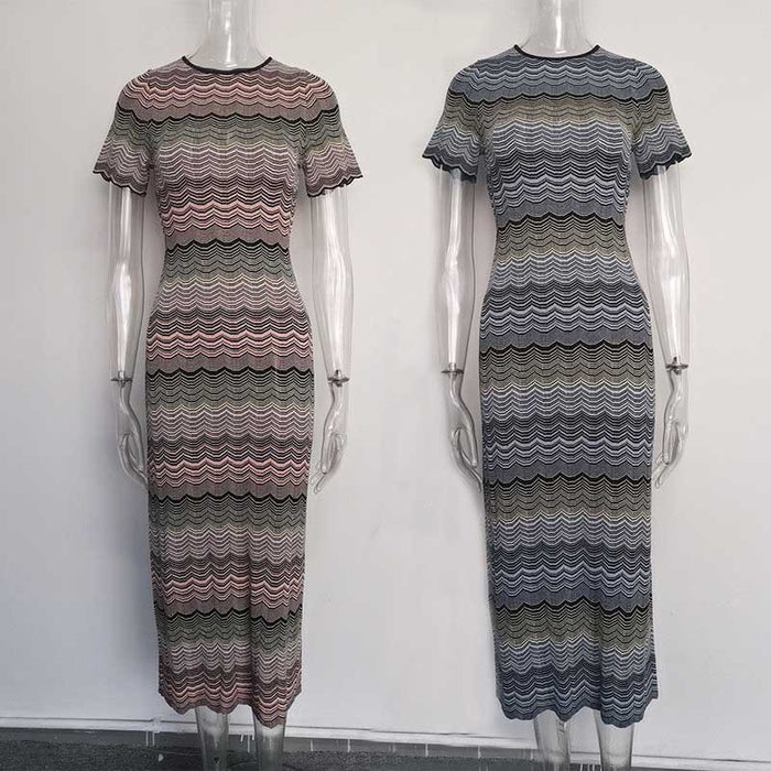 Women's Midi Stripe Dress Round-Neck Short Sleeves Knitted Body-con Dress