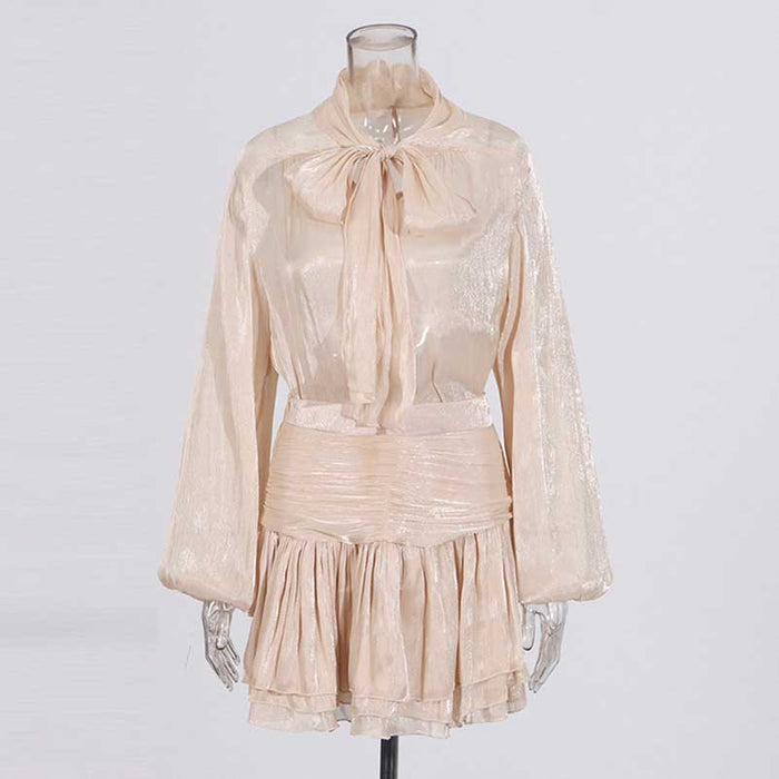Women's Mini Skirt Suit Tulle Long Sleeve Bow Tie Skirt Set