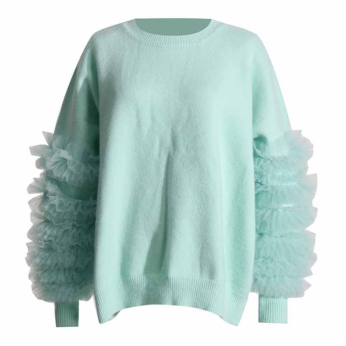 Women's Mint Sweater Loose Trendy Sweater With Lace Sleeves