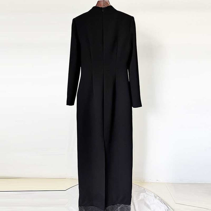 Women's Mock-Neck Black Beaded Formal Dresses Long Prom Dress