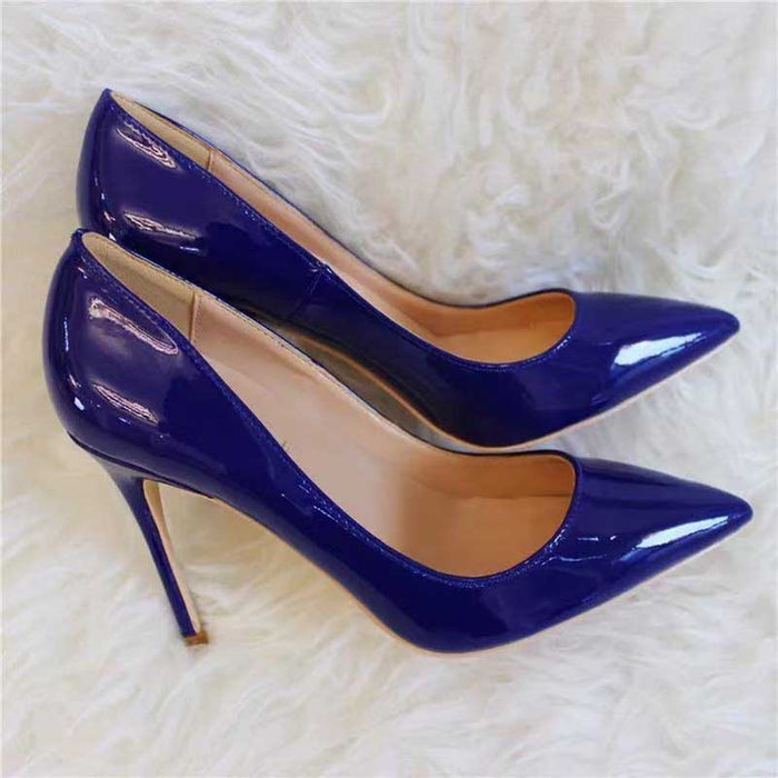Stylish women's navy high heel pumps with a sleek glossy finish for formal and casual wear
