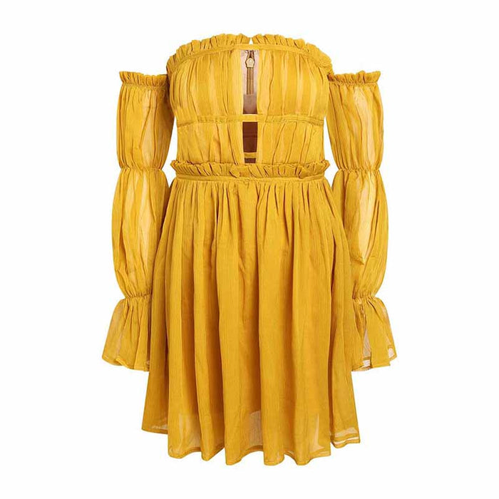 Women's Off-shoulder Mini Dress Yellow Long-Sleeved Ruffled Dress