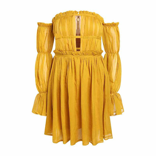 Women's Off-shoulder Mini Dress Yellow Long-Sleeved Ruffled Dress