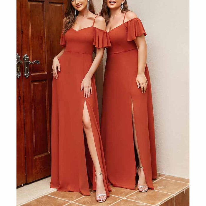 Women's Off Shoulder Short Sleeve Split A-Line Floor Length Bridesmaid Dresses