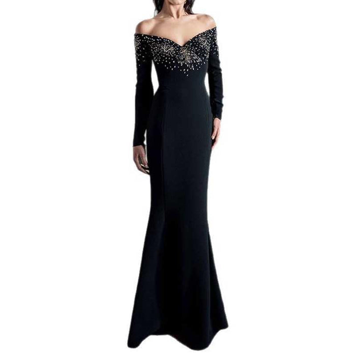 Womens Off-The-Shoulder Black Beaded Long Prom Dress Mermaid Ball Gown