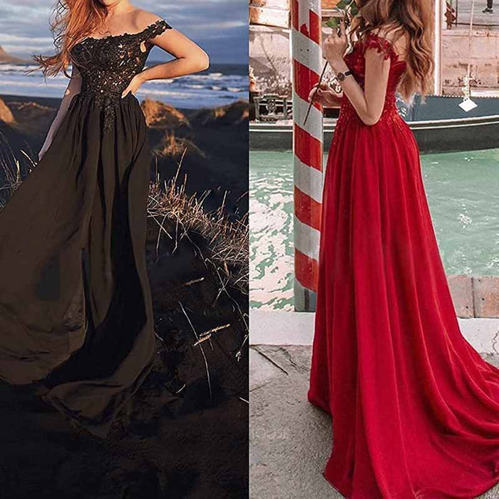 Women's Off The Shoulder Prom Dresses Slit Lace Appliqued Chiffon Formal Party Gowns