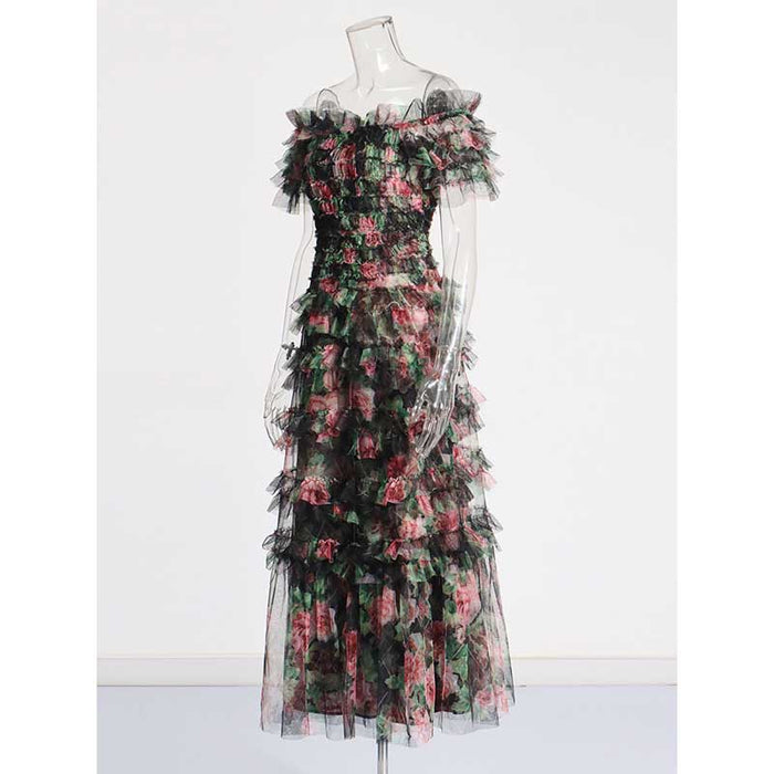 Womens Off The Shoulder Tulle Maxi Dress Chic Party Floral Event Dress