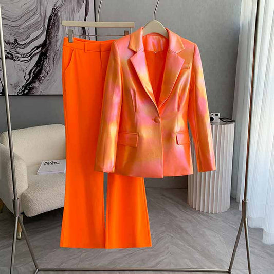 Women's One Button Orange Pantsuit Flare Pants Event Suit Two Pieces Formal Suits