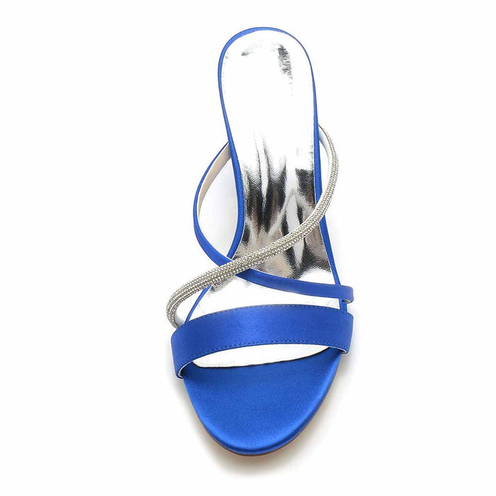 Women's Open Toe Heeled Slippers Rhinestone Satin Pump Party Prom Chunky Sandals