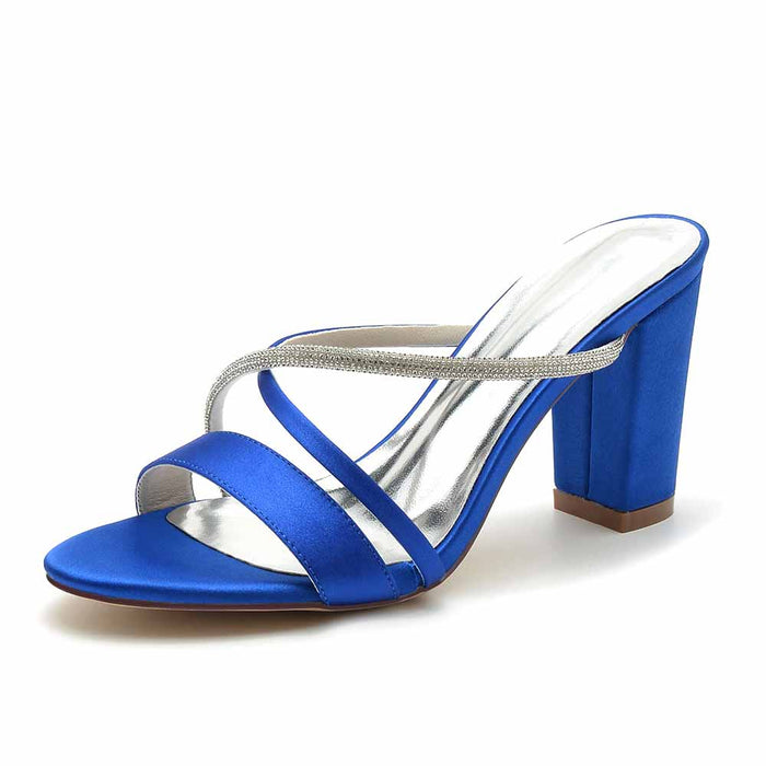 Women's Open Toe Heeled Slippers Rhinestone Satin Pump Party Prom Chunky Sandals