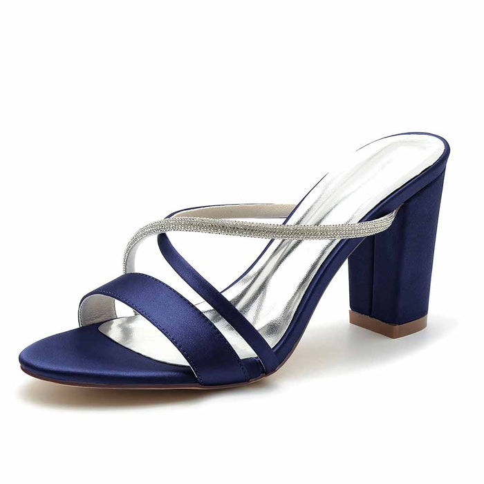 Women's Open Toe Heeled Slippers Rhinestone Satin Pump Party Prom Chunky Sandals