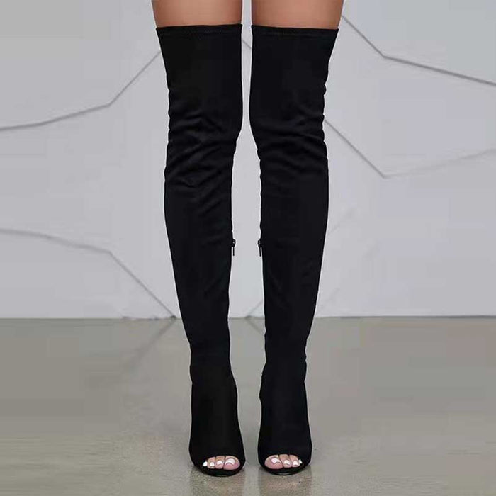 Stylish women's open toe over knee boots in black, perfect for fashionable outfits