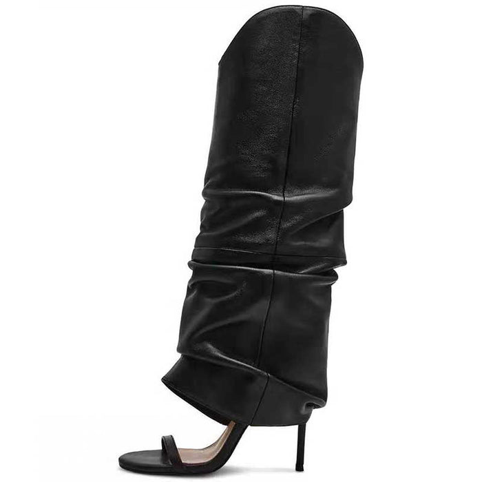 Black slouchy over the knee boots with open toe stiletto heels for women