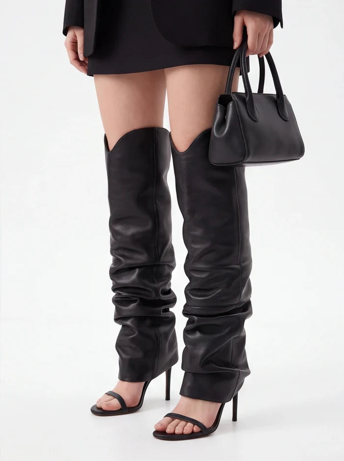 Black slouchy over the knee boots with open toe stiletto heels for women