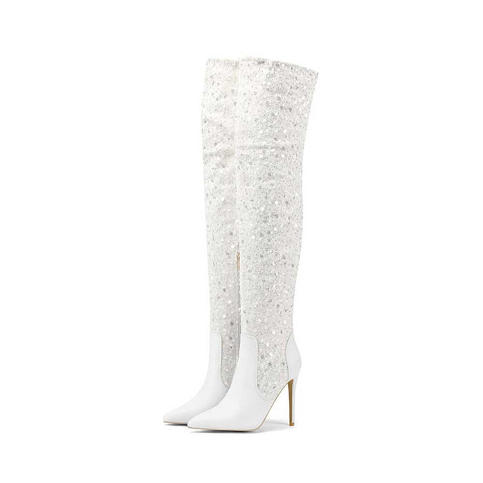 Stylish women's over the knee glitter boots in white with stiletto heels for a glamorous look