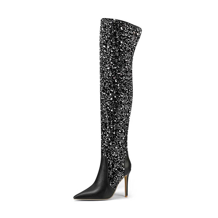 sd-hk women's over the knee glitter boots with a sleek black design and high stiletto heels