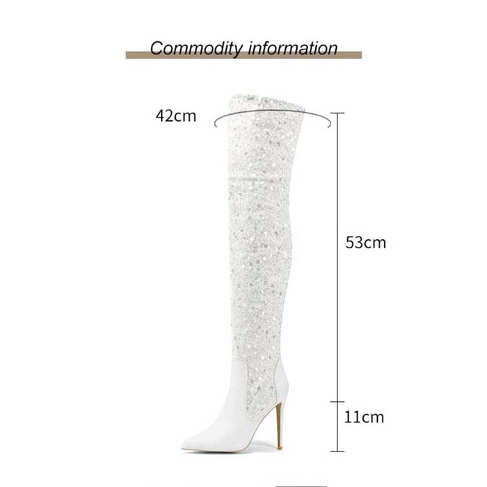 Women's over the knee glitter boots in white with a sleek design and high stiletto heel