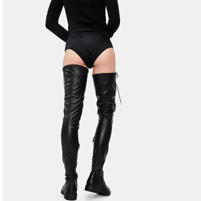 Stylish women's over the knee lace up boots in black, perfect for modern fashion statements