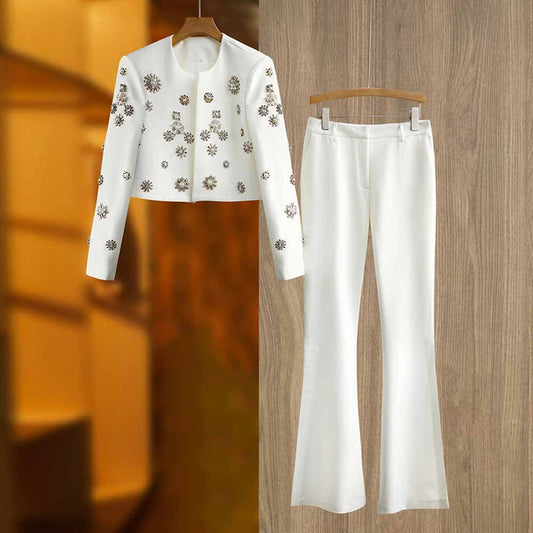 Women's Pantsuit Long Sleeves Crystal Pearl Blazer Set Pantsuit