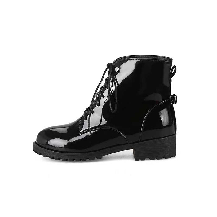 Women's Patent Leather Lace up Round toe Ankle Boots Low Heel Marten Boots