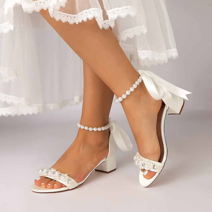 Women's Pearl Ankle Strap Block Heel Bridal Wedding Sandals