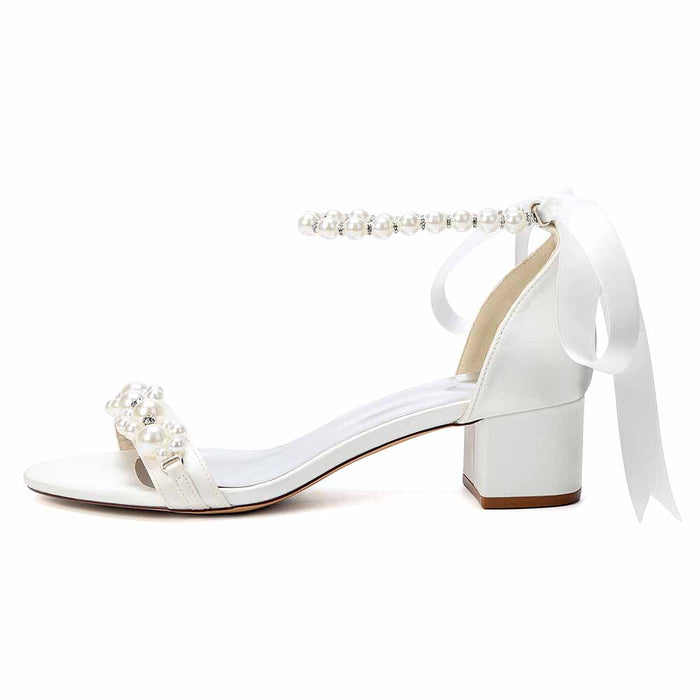 Women's Pearl Ankle Strap Block Heel Bridal Wedding Sandals