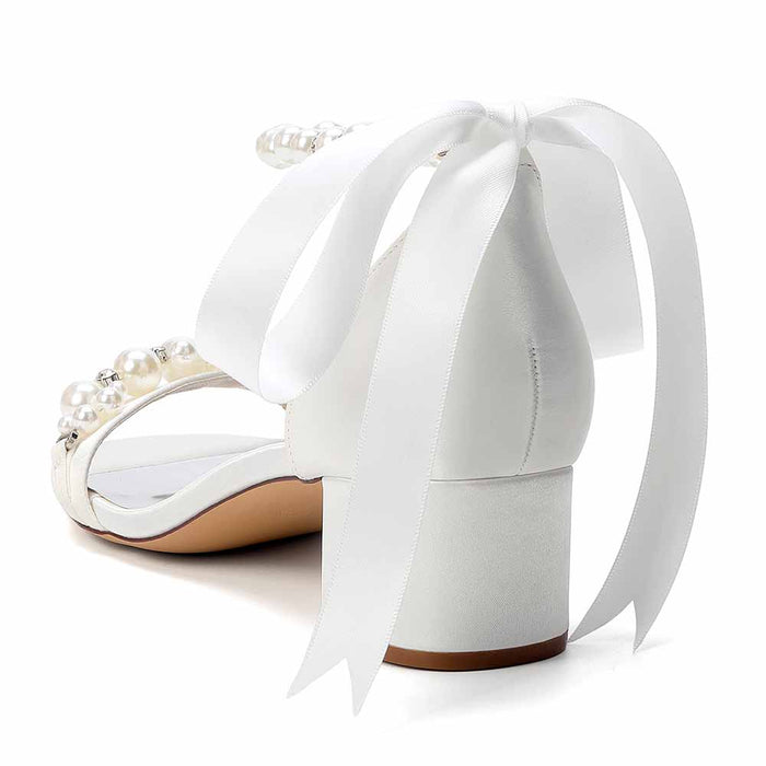 Women's Pearl Ankle Strap Block Heel Bridal Wedding Sandals