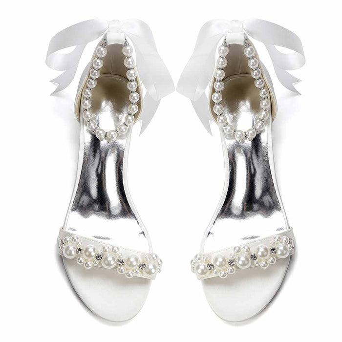 Women's Pearl Ankle Strap Block Heel Bridal Wedding Sandals