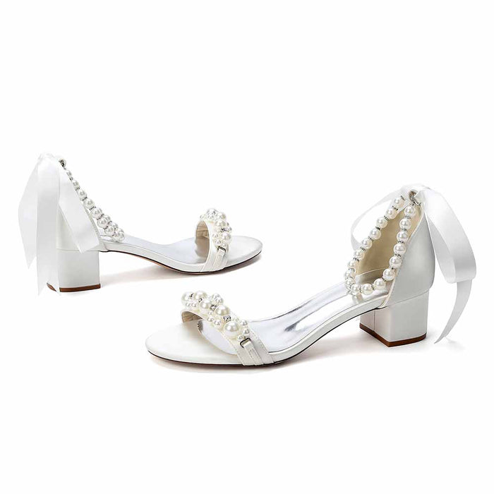 Women's Pearl Ankle Strap Block Heel Bridal Wedding Sandals