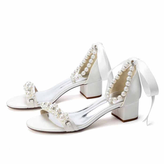 Women's Pearl Ankle Strap Block Heel Bridal Wedding Sandals