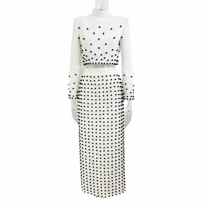 Women's Pearl Beaded Cocktail Skirt Suit White Two-Piece Long Skirt Suit