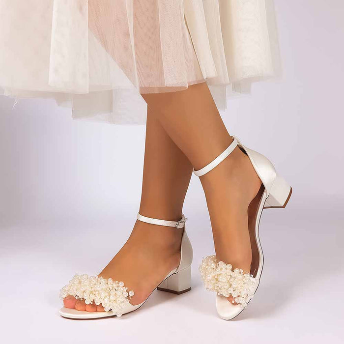 Women's Pearl Bridal Wedding Shoes Chunky Heel Ankle Strap Sandals for Party Evening