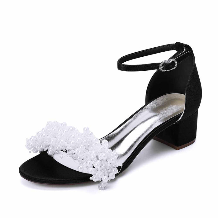 Women's Pearl Bridal Wedding Shoes Chunky Heel Ankle Strap Sandals for Party Evening